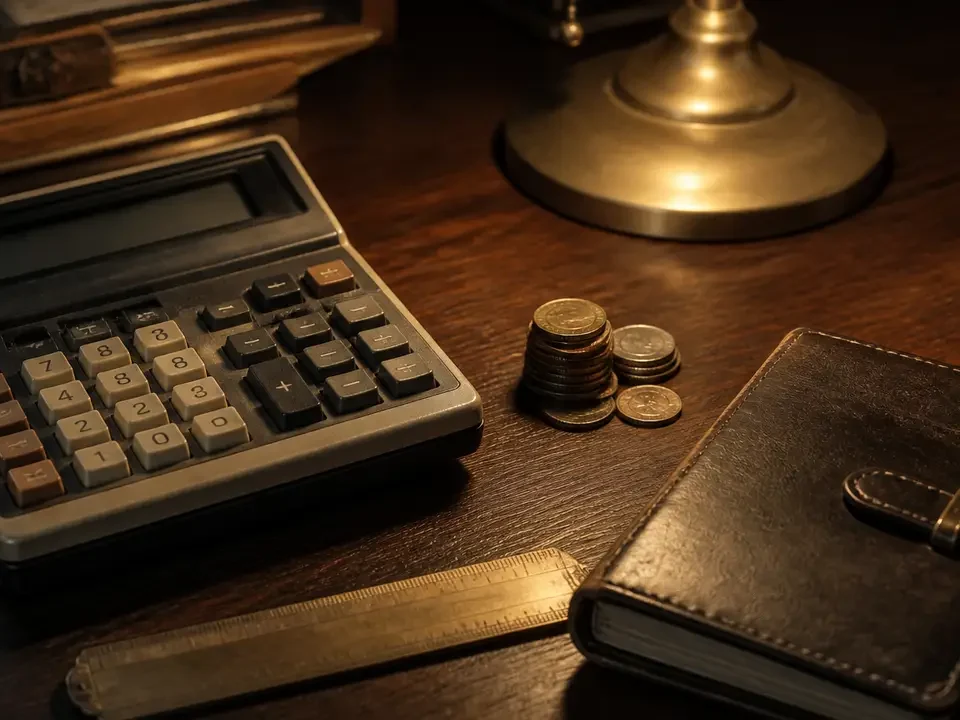 Calculator, monede și carnet de depunere pe birou