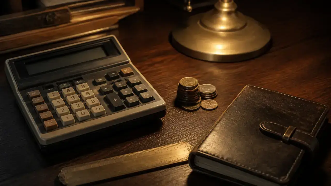 Calculator, monede și carnet de depunere pe birou