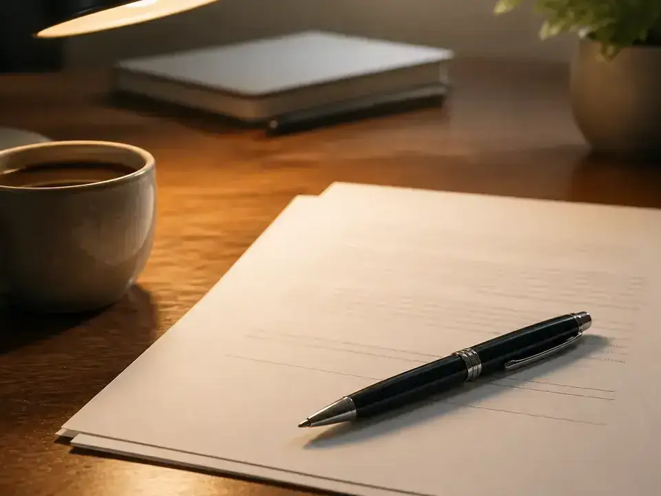Pagini de contract, pix și ceașcă de cafea pe birou