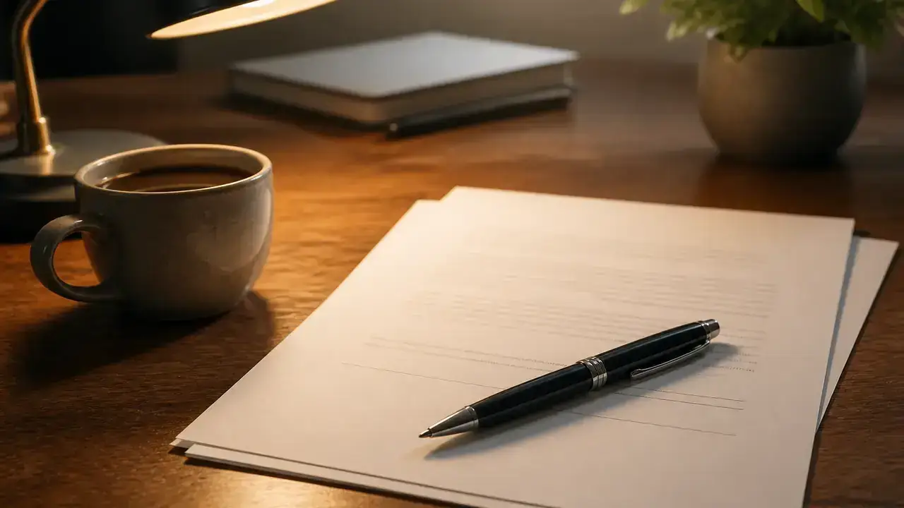 Pagini de contract, pix și ceașcă de cafea pe birou