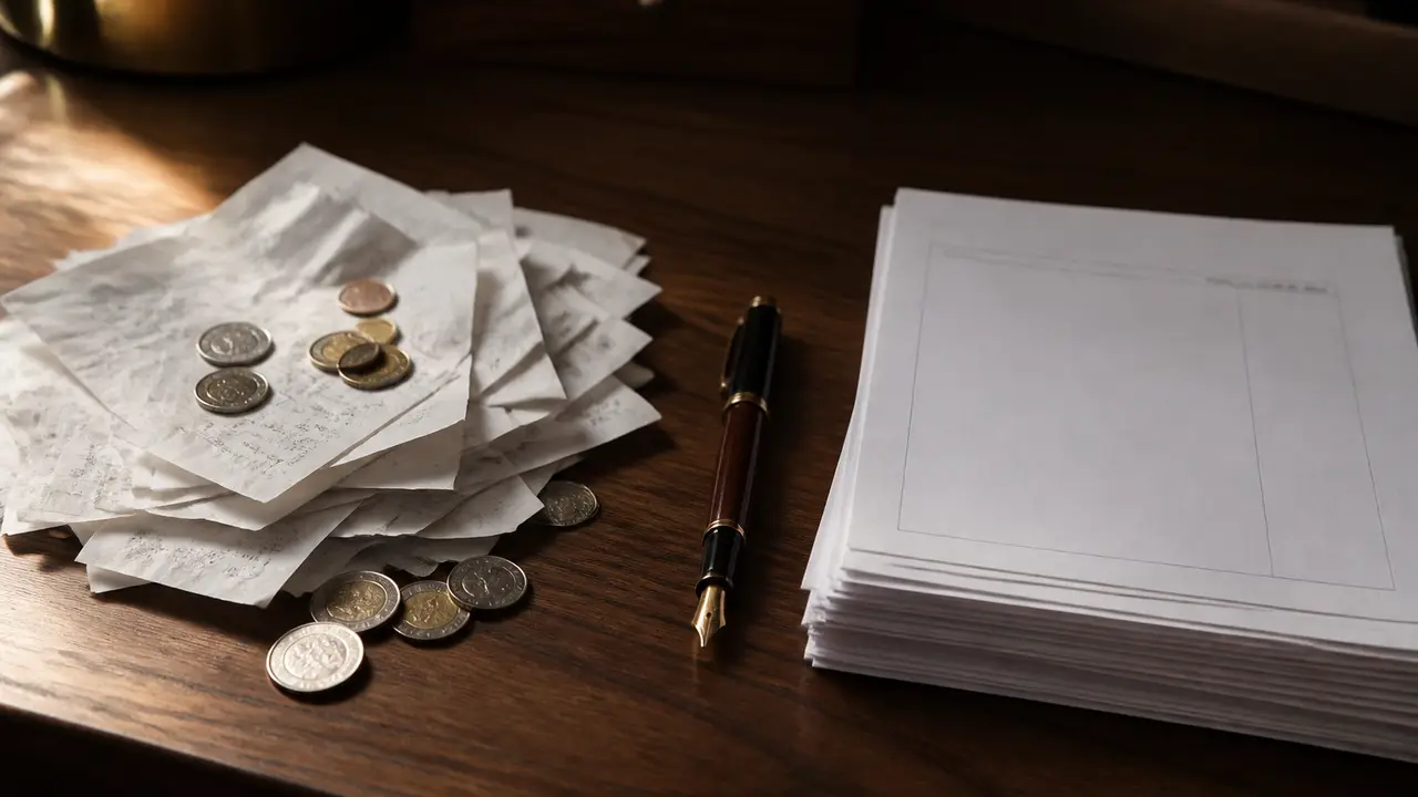 Două teancuri fiscale Chitanțe cu monede lângă un teanc de facturi și un stilou