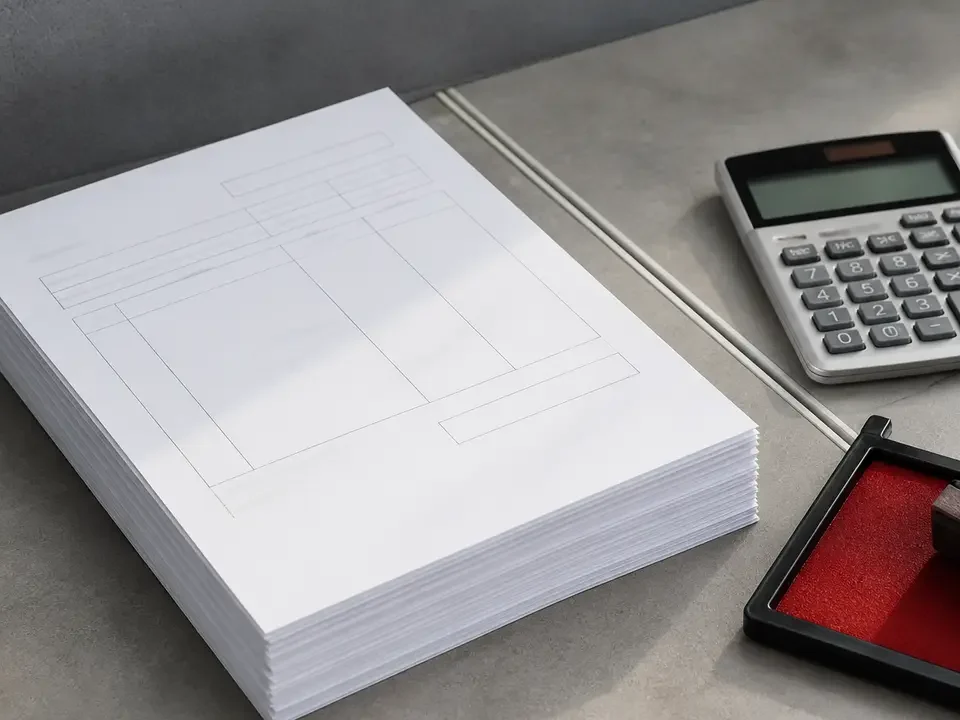 Stivă de facturi, calculator și ștampilă pe birou