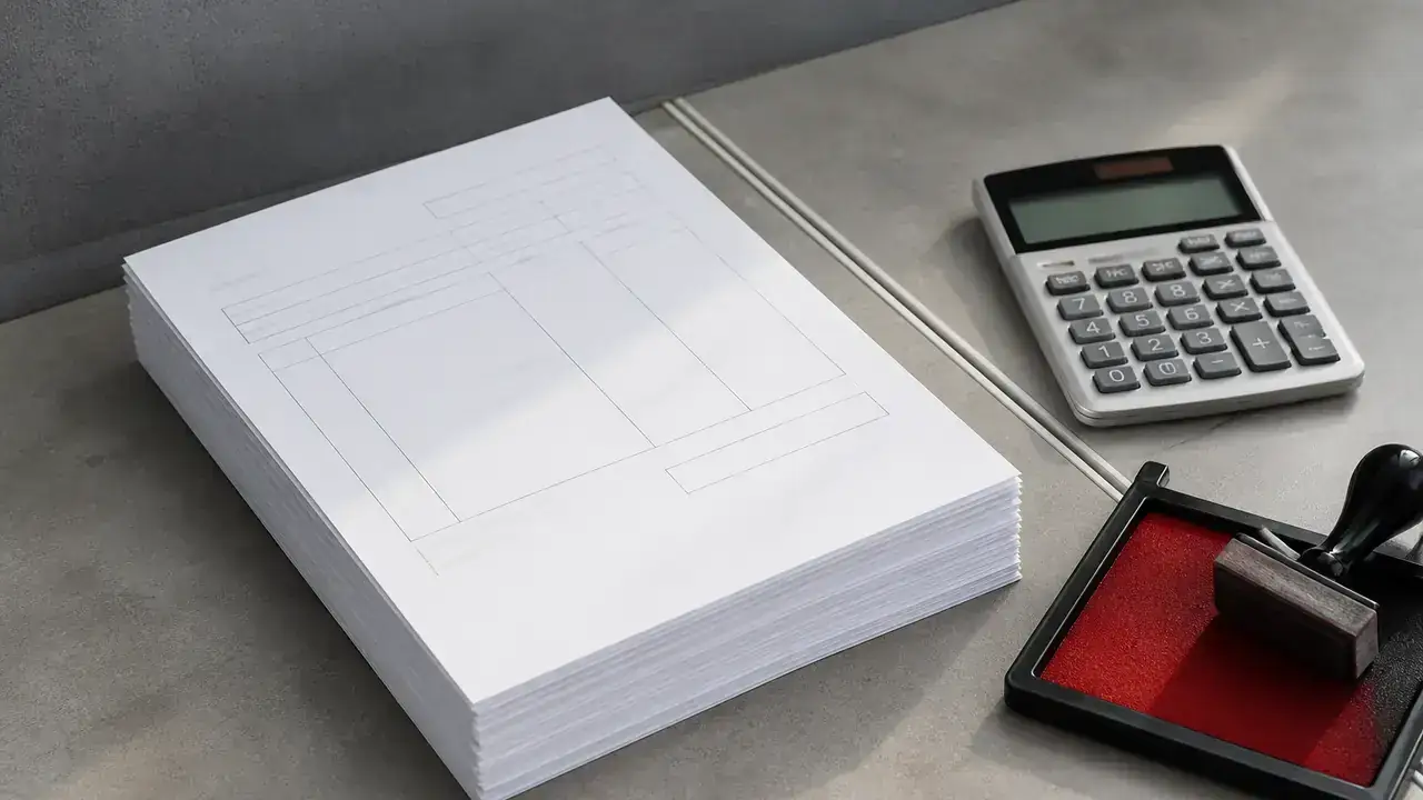 Stivă de facturi, calculator și ștampilă pe birou