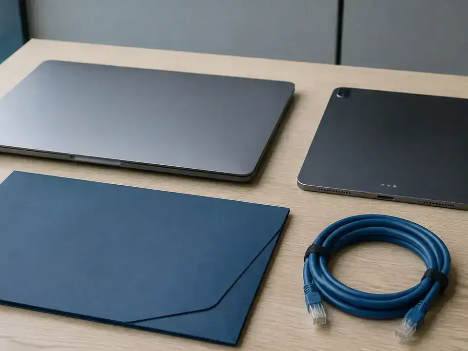 Laptop, tabletă, cablu și dosar albastru pe birou deschis