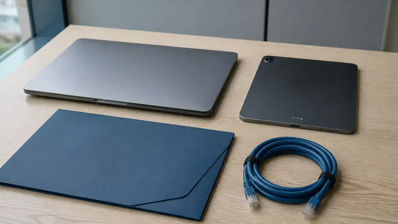 Laptop, tabletă, cablu și dosar albastru pe birou deschis