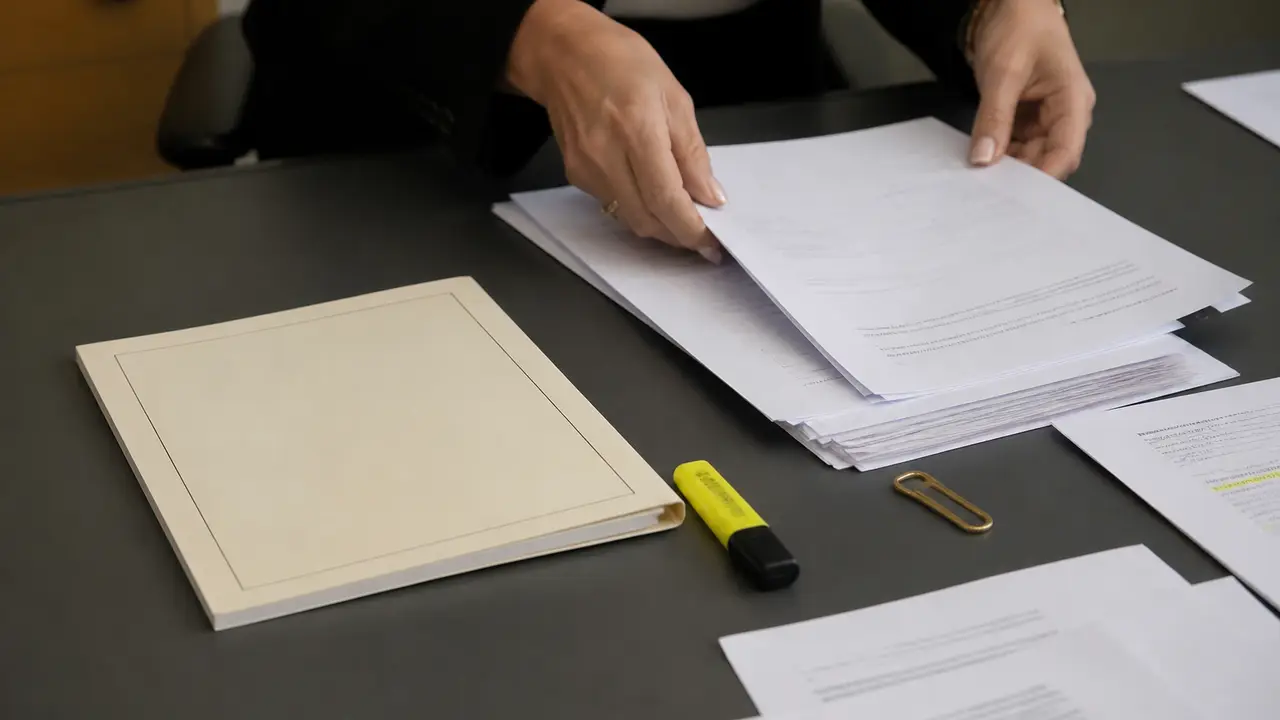 Caiet oficial, marker galben și hârtii reordonate